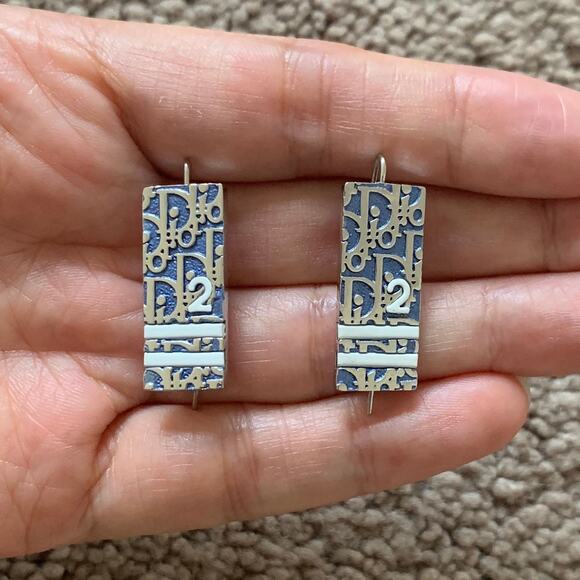 Authentic Christian Dior trotter logo blue white and silver earrings rectangular - Picture 1 of 4